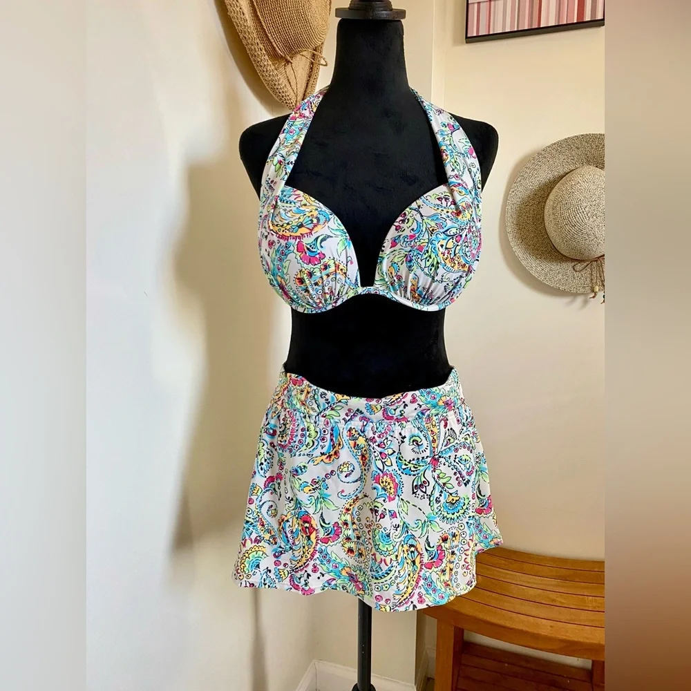 Halter Paisley Print Bikini Top & Skirt Set - White/Multi